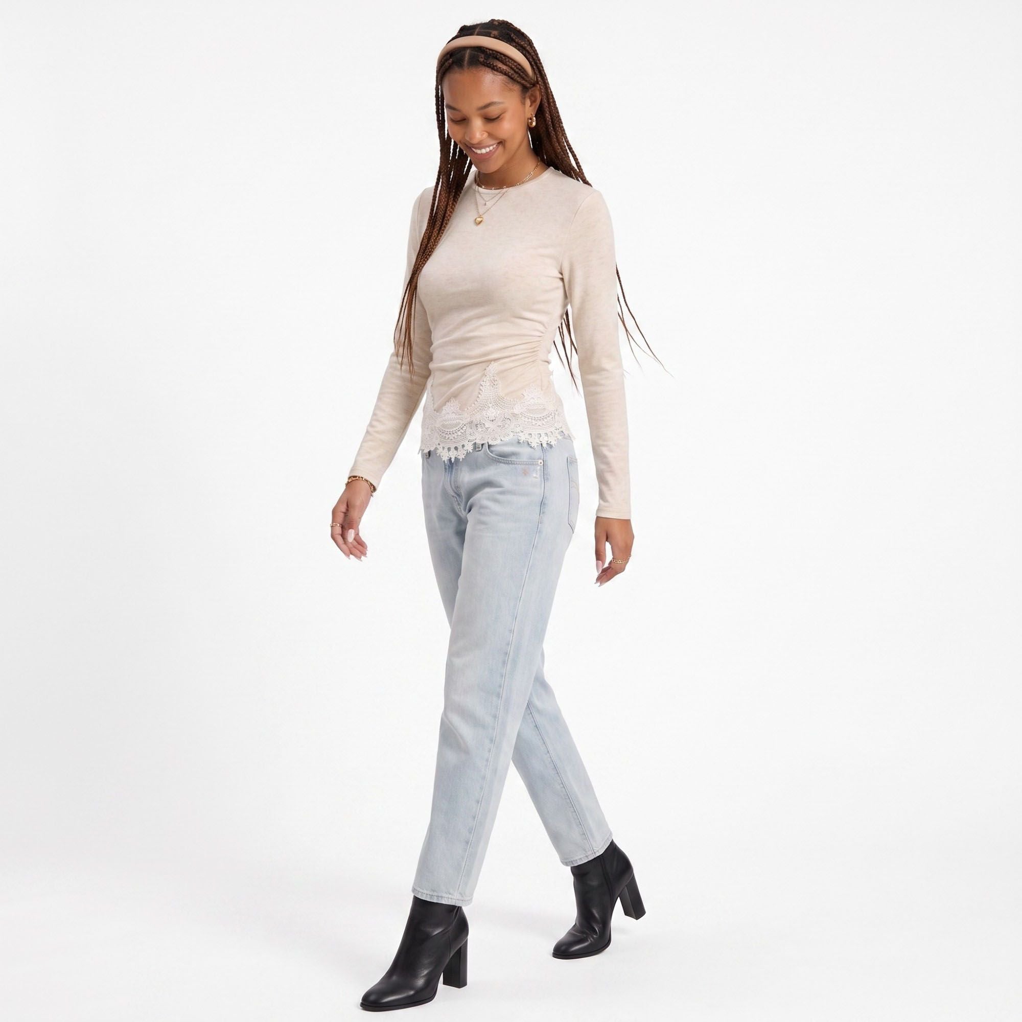 Lace Trim Ruched Long Sleeve Top Crew Neck Fitted Shirt