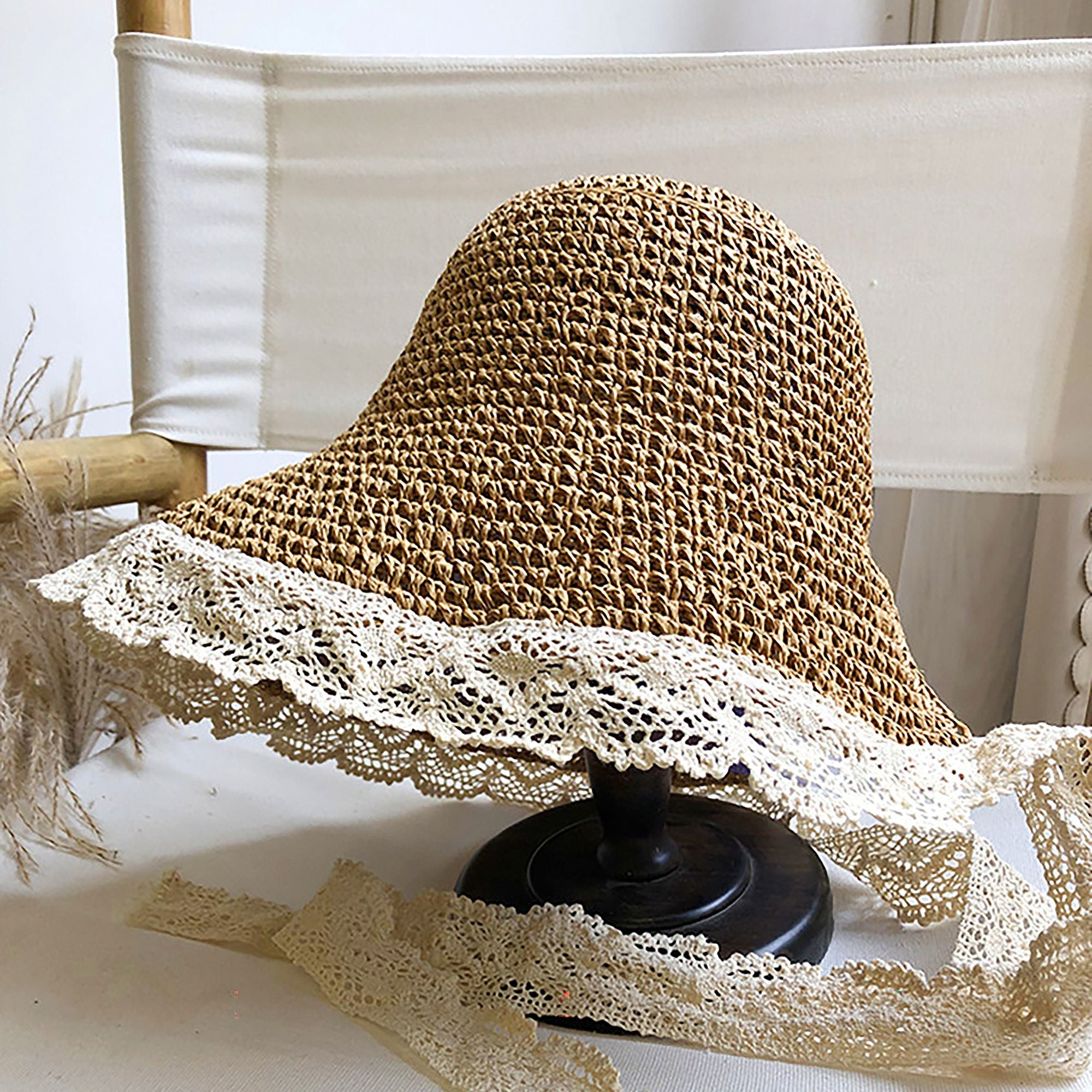 Anna-Kaci Women's Crochet Straw Hat with Lace Trim and Bow Detail