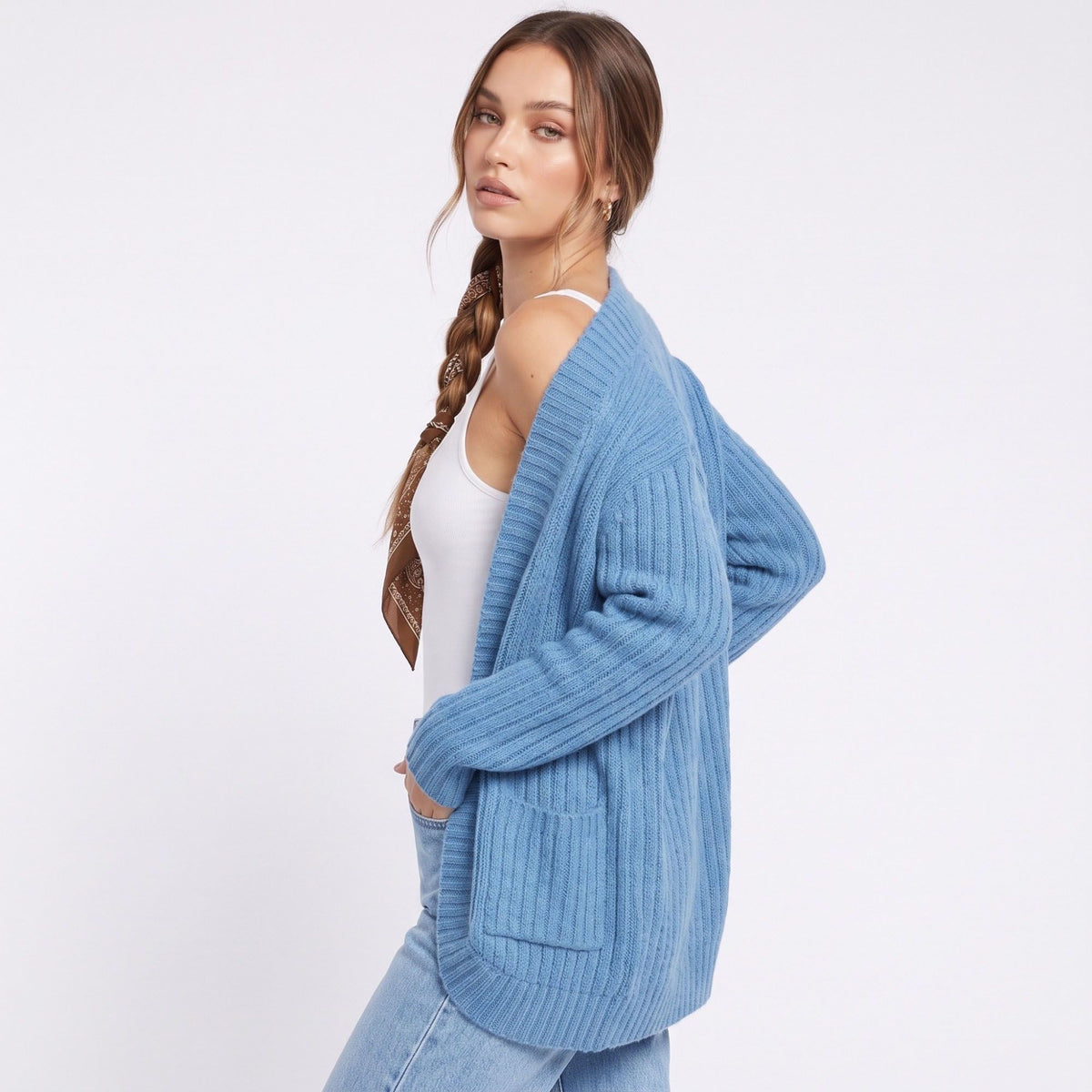 Open Front Ribbed Knit Cardigan with Pockets