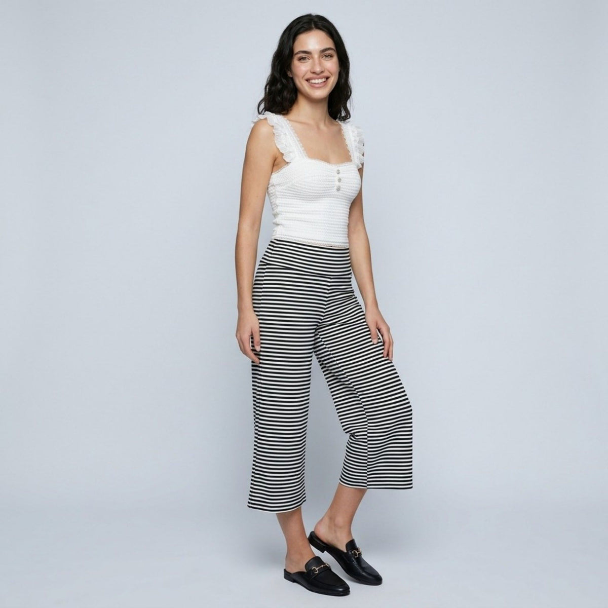 Foldover Waistband Striped Cropped Wide-Leg Trousers