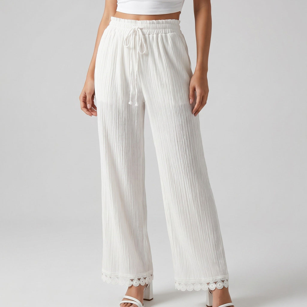 White Crinkle Wide Leg Pants Elastic Drawstring Waist Lace Trim Boho Trousers