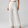 White Crinkle Wide Leg Pants Elastic Drawstring Waist Lace Trim Boho Trousers