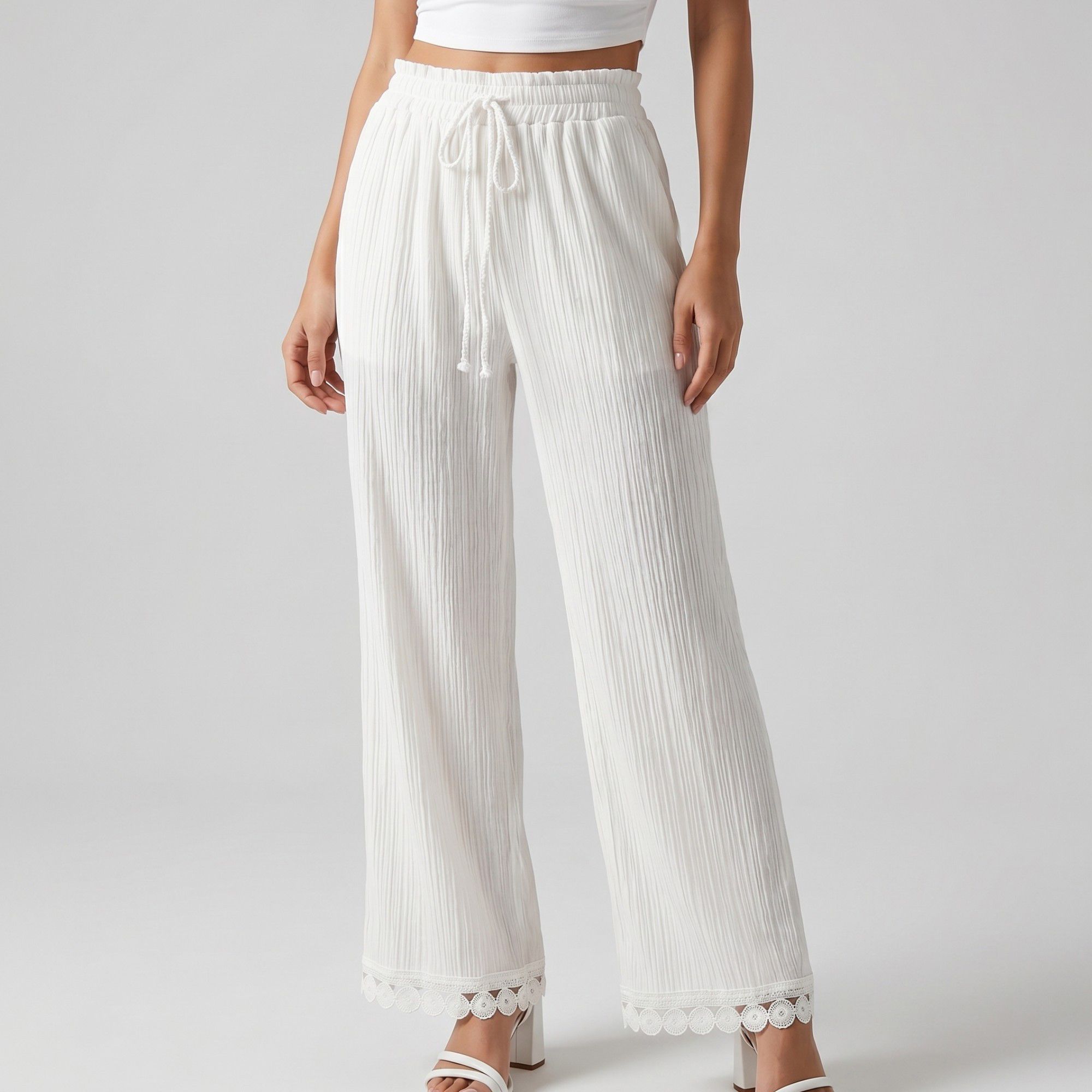 White Crinkle Wide Leg Pants Elastic Drawstring Waist Lace Trim Boho Trousers