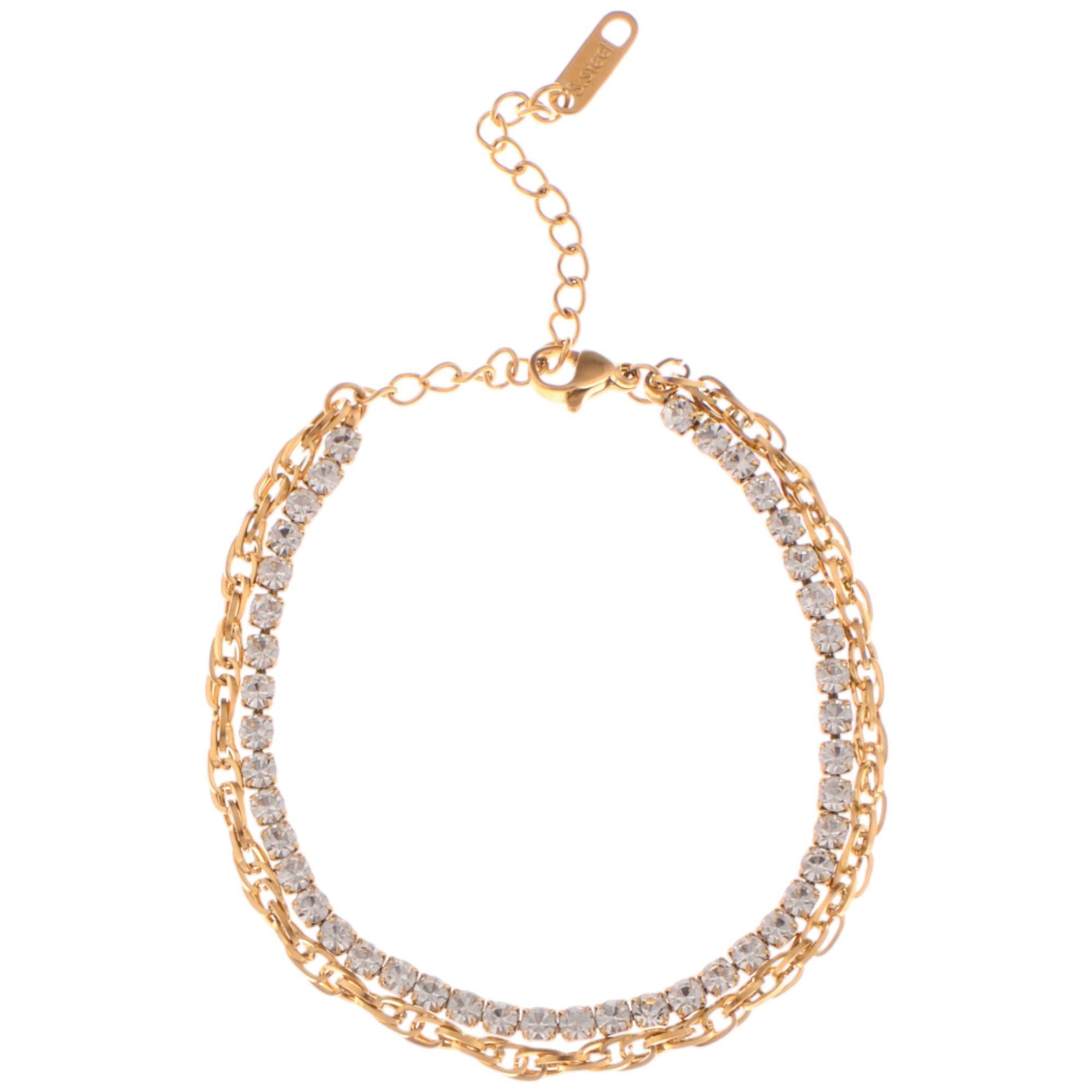 Dual Chain Rhinestone Fashion Bracelet with Gold Tone Finish