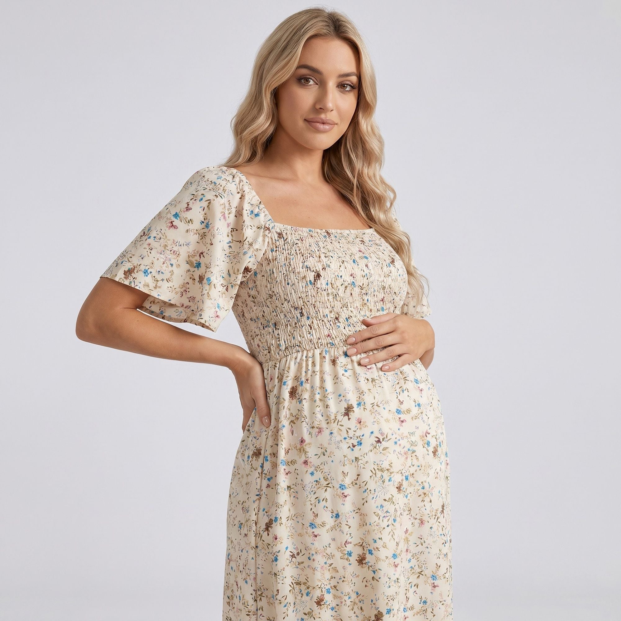 Maternity Floral Square Neck Midi Dress with Smocked Bodice and Flutter Sleeves