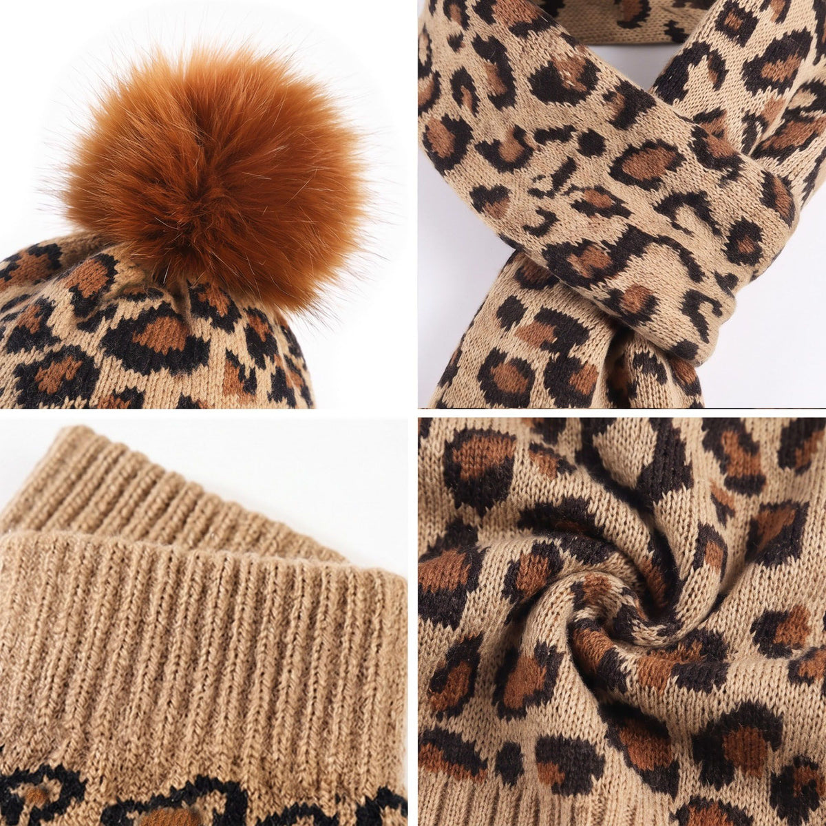3 Piece Leopard Print Pom Beanie Scarf and Touchscreen Gloves Set