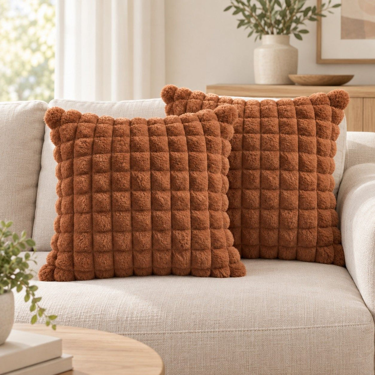 2 Pack Plush Faux Fur Bubble Grid Throw Pillow Covers 18 x 18 Inch for Couch and Bed