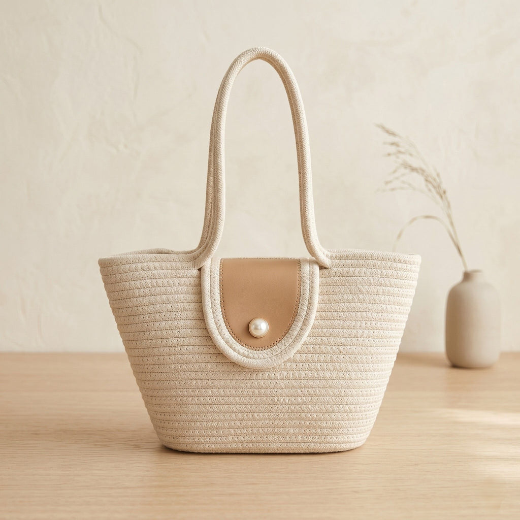 Woven Rope Tote Bag with Flap Cover Pearl Button Large Capacity Shoulder Carryall