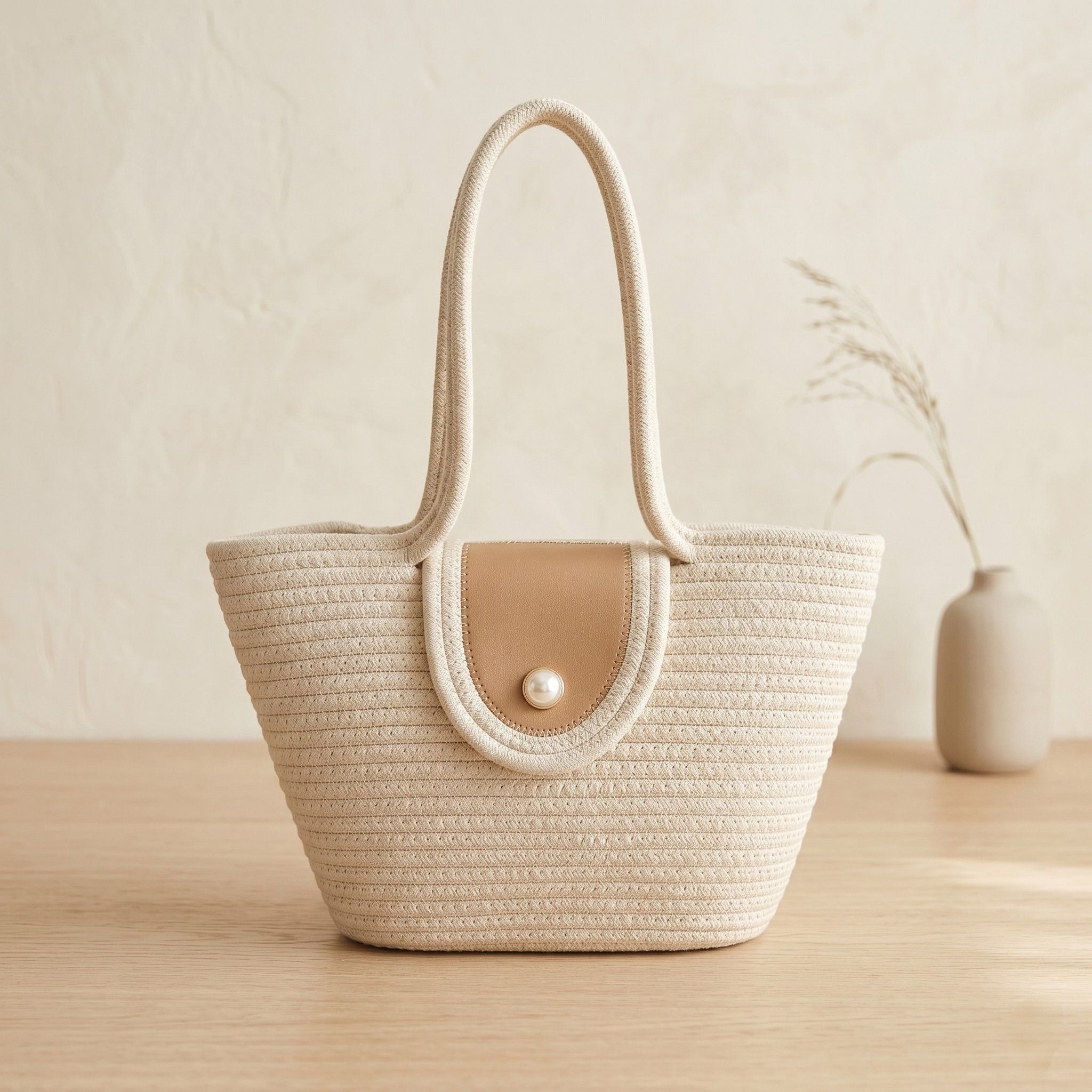 Woven Rope Tote Bag with Flap Cover Pearl Button Large Capacity Shoulder Carryall