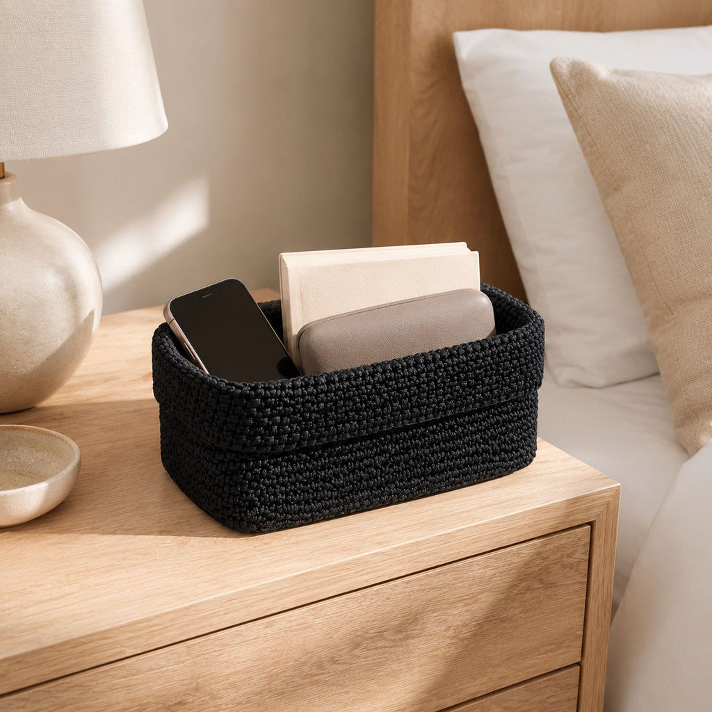 Rectangular Woven Storage Basket Foldover Rim Desktop Organizer Bin