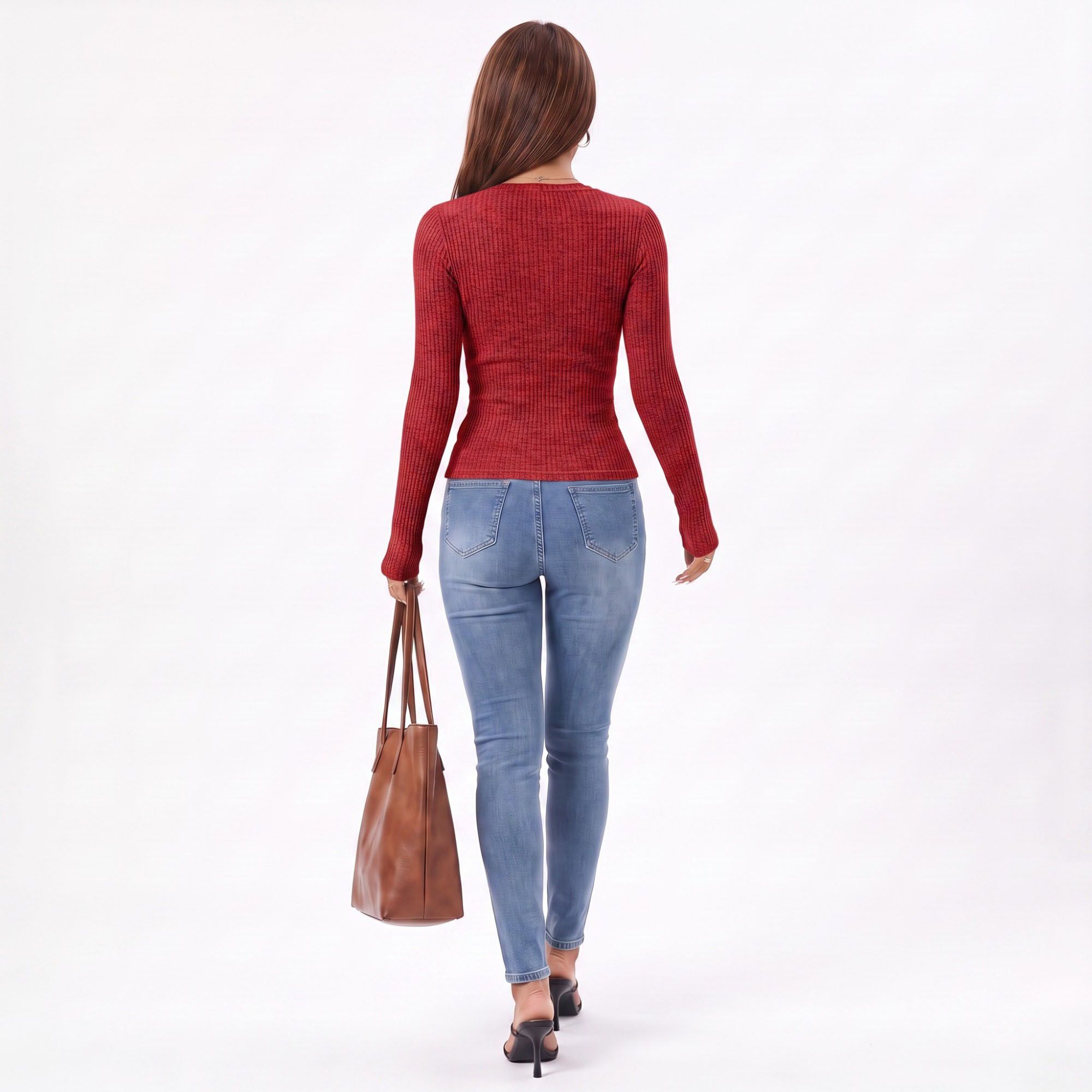 Ribbed Lace Inset V-Neck Button Long Sleeve Top