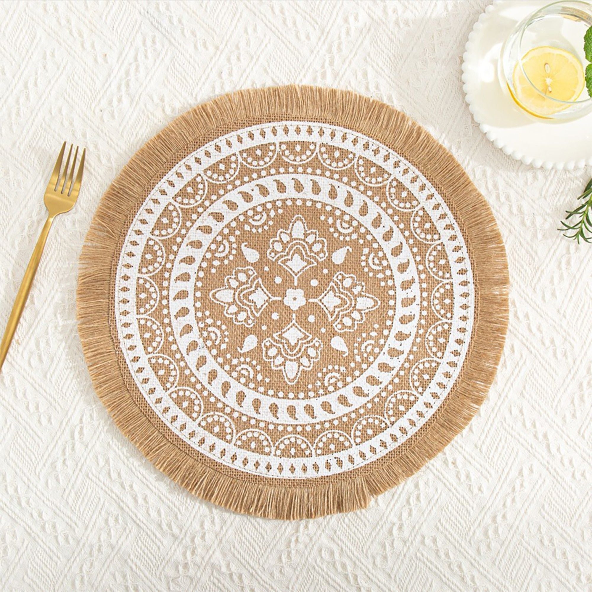4 Piece Boho Round Placemat Set Woven Look Heat Resistant Table Mats for Dining Table