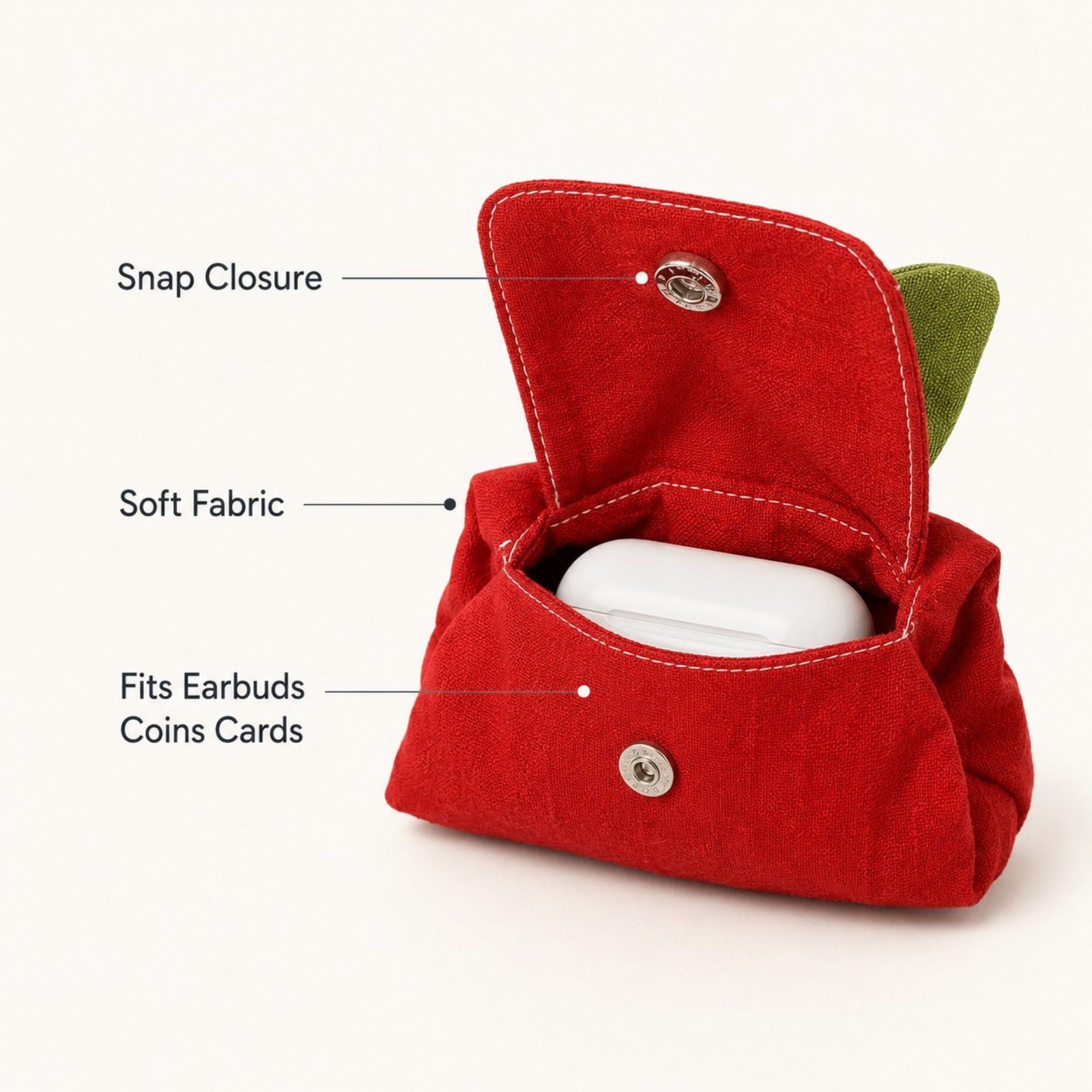 Apple-Shaped Mini Coin Purse Keychain with Snap Flap, Leaf Accent and Compact Earbud Card Storage Pouch