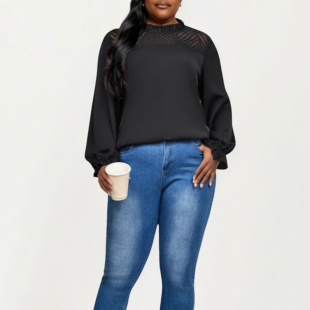 Anna-Kaci Women's Plus Size Long Sleeve High Neck Pullover Blouse with Textured Sheer Yoke and Gathered Cuffs