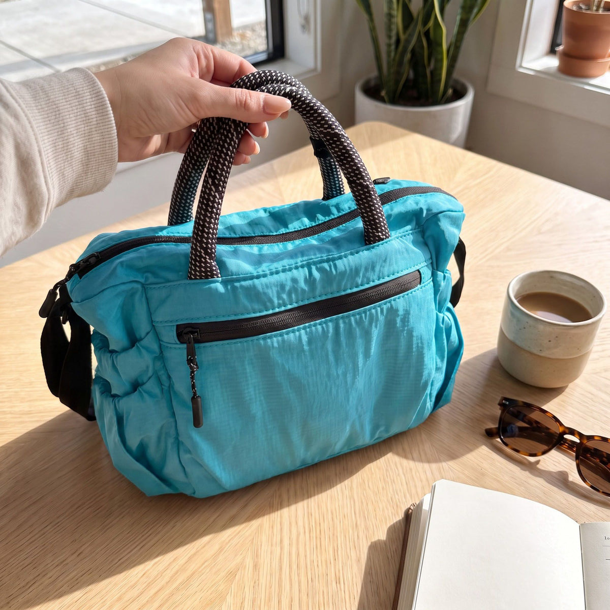 Nylon Crossbody Tote Bag with Top Handles and Multiple Zipper Pockets