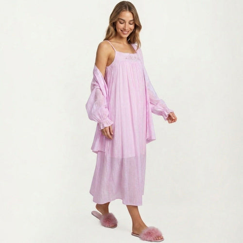 2-Piece Set Square Neck Nightgown and Long Sleeve Robe Pajama Set