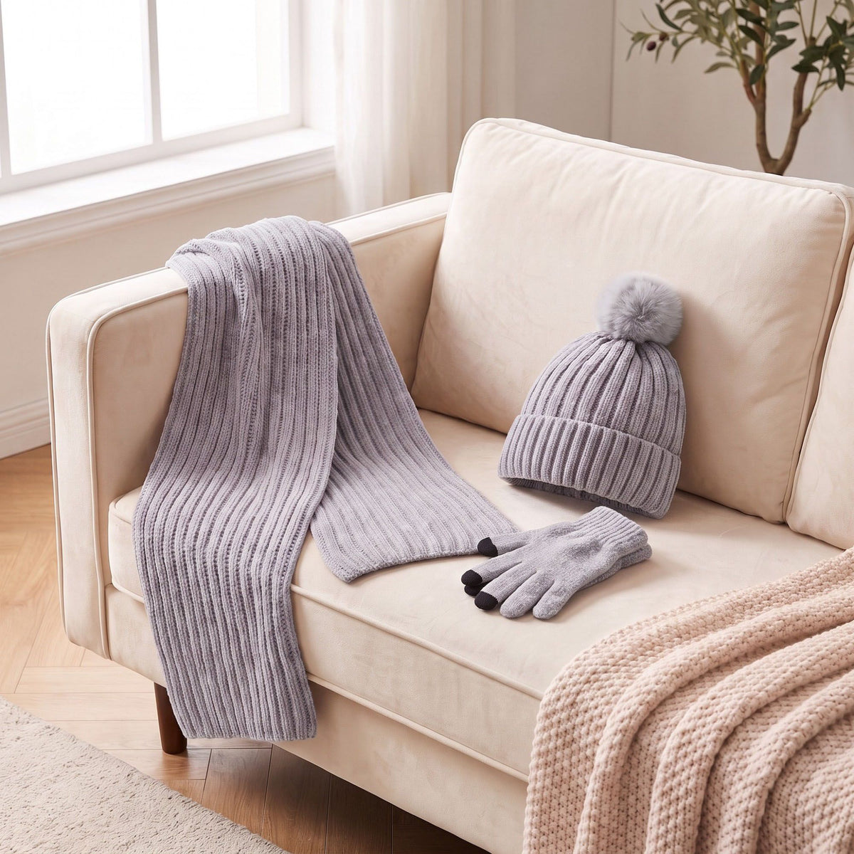 3 Piece Pom Beanie Scarf and Touchscreen Gloves Winter Set
