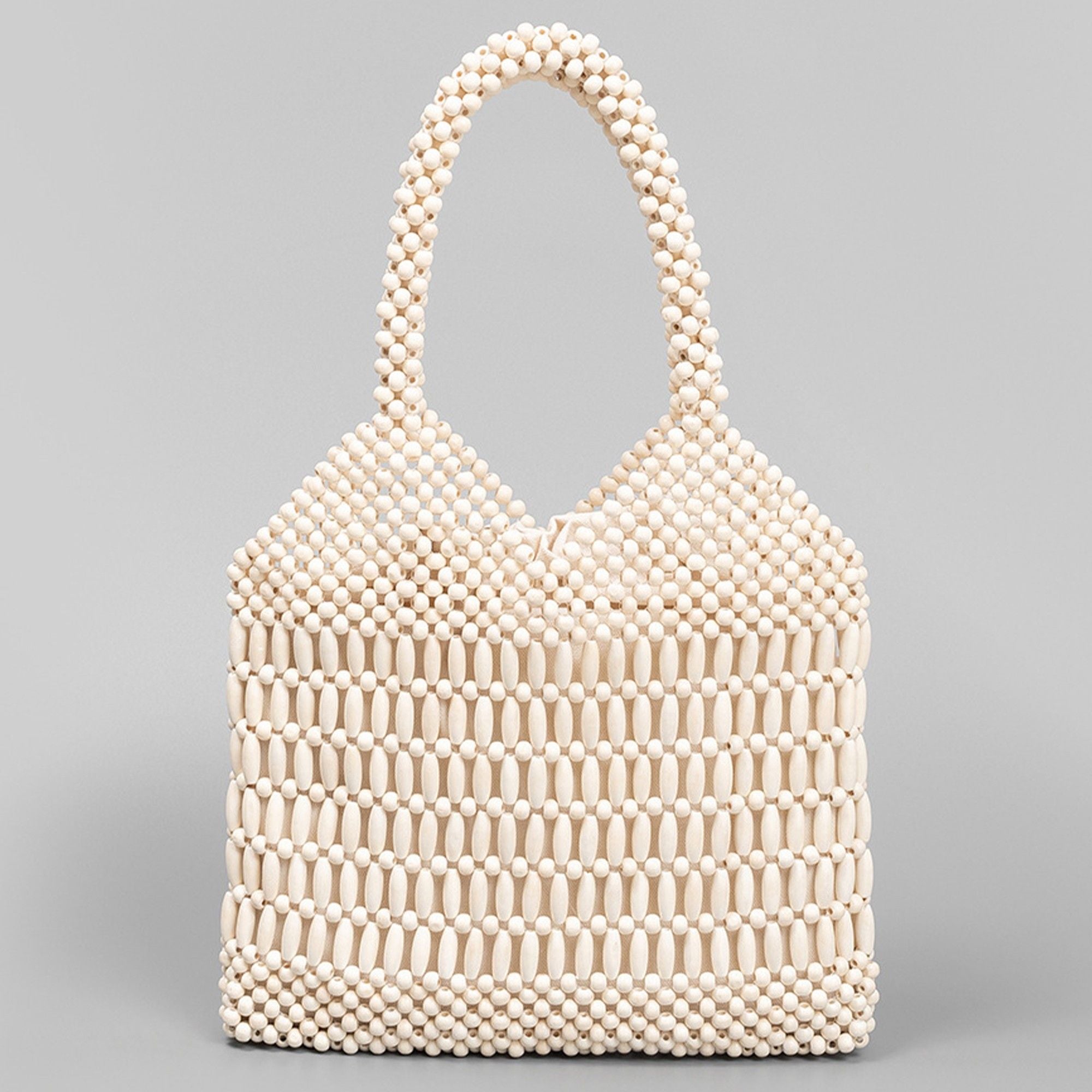 Beaded Tote Bag Structured Wooden Bead Handbag Open Weave Large Shoulder Bag Lightweight Carryall Purse