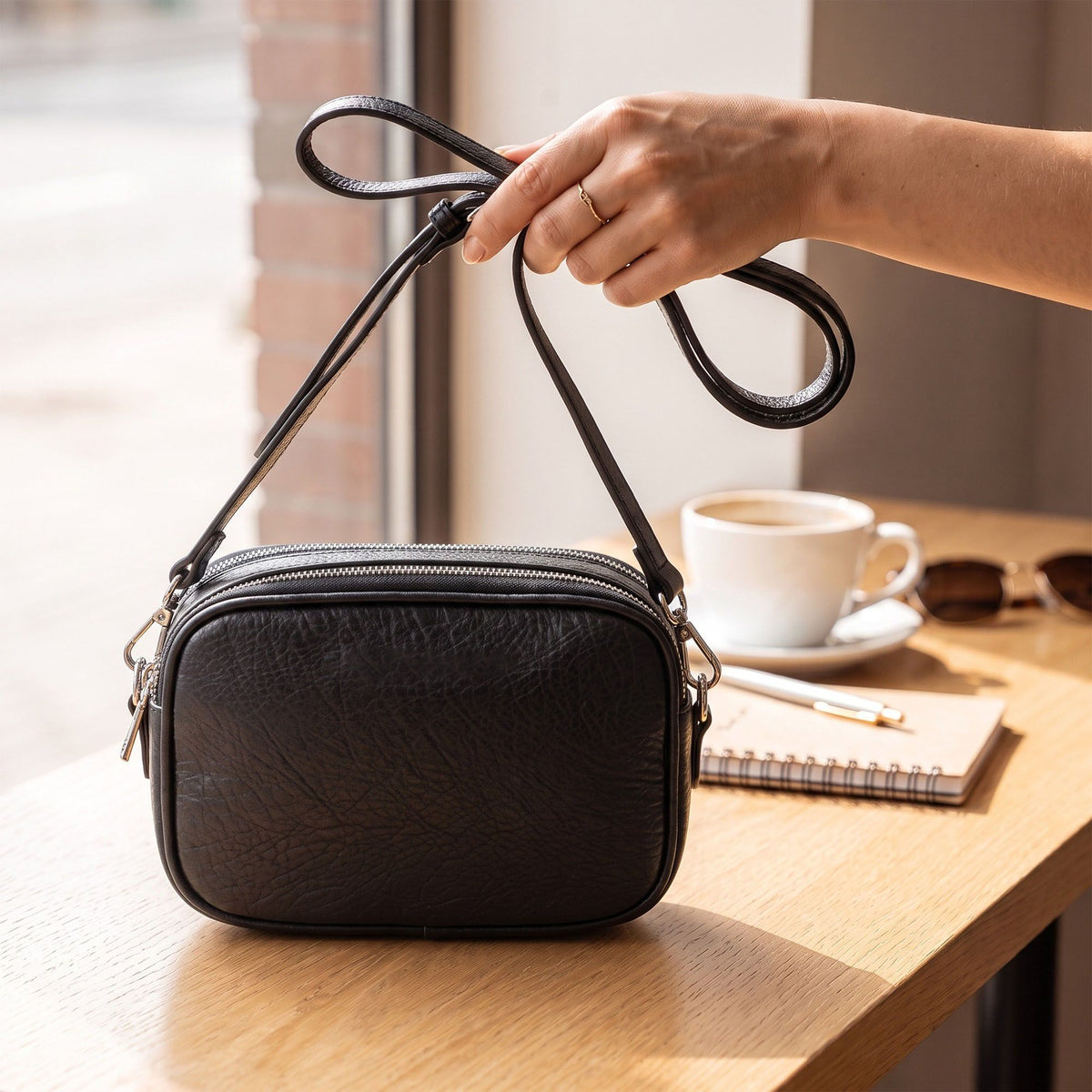 Small Textured Crossbody Bag with Double Zipper Adjustable Strap