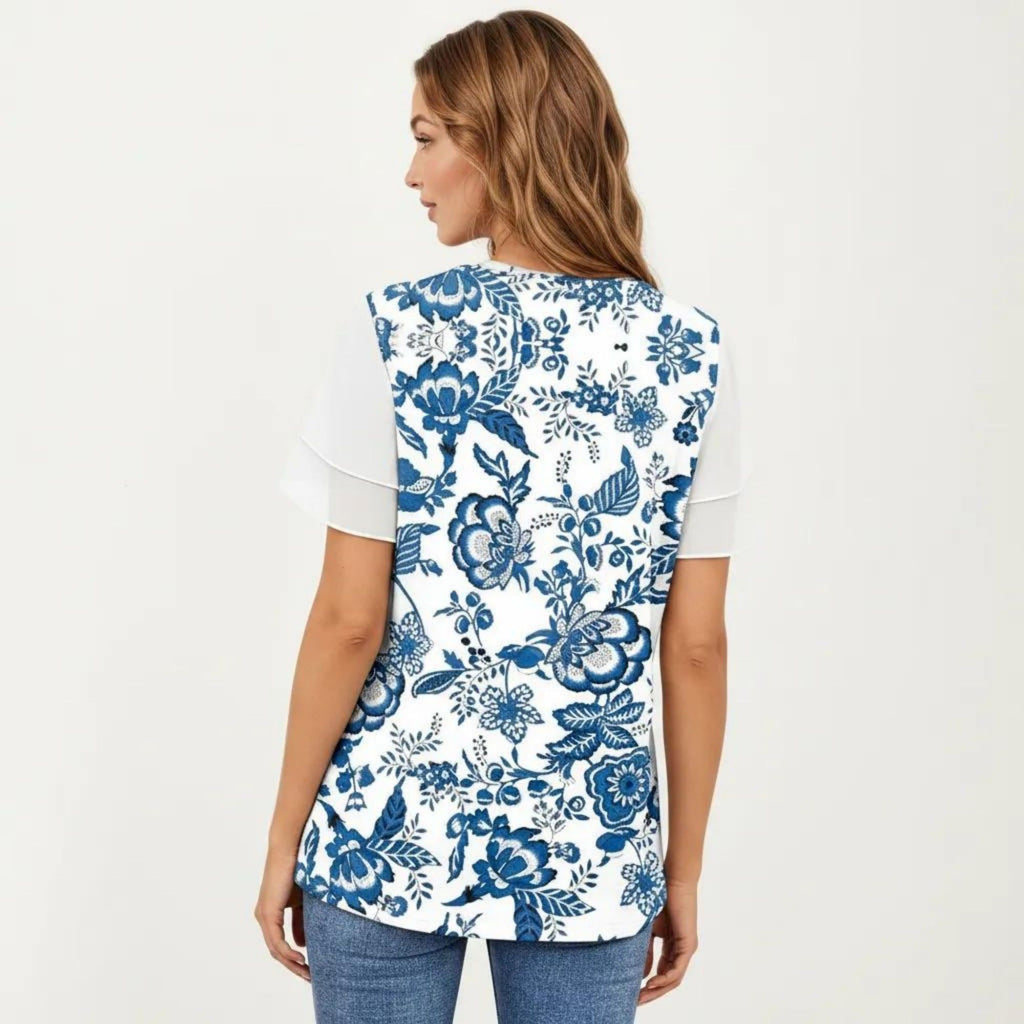Anna-Kaci Women's Short Sleeve Top with Leopard Print Mesh Sleeves Round Neck Relaxed Fit Casual Shirt