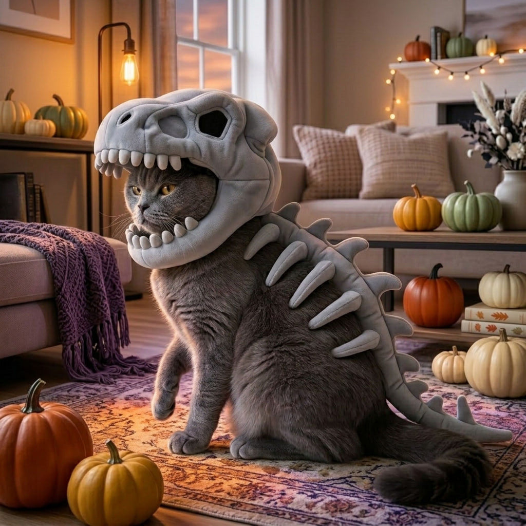 Pet Dinosaur Skeleton Costume Plush Skull Hood and Spine Outfit for Dogs and Cats