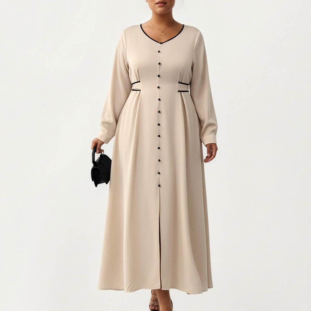 Anna-Kaci Women's Plus Size Long Sleeve Button Front Maxi Dress with V Neckline Contrast Trim and Defined Waist Detail