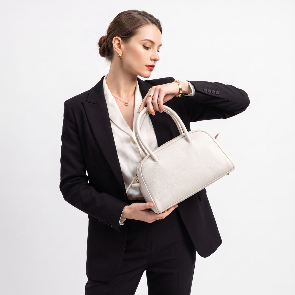 Structured Top Handle Handbag with Zipper Closure and Double Handles