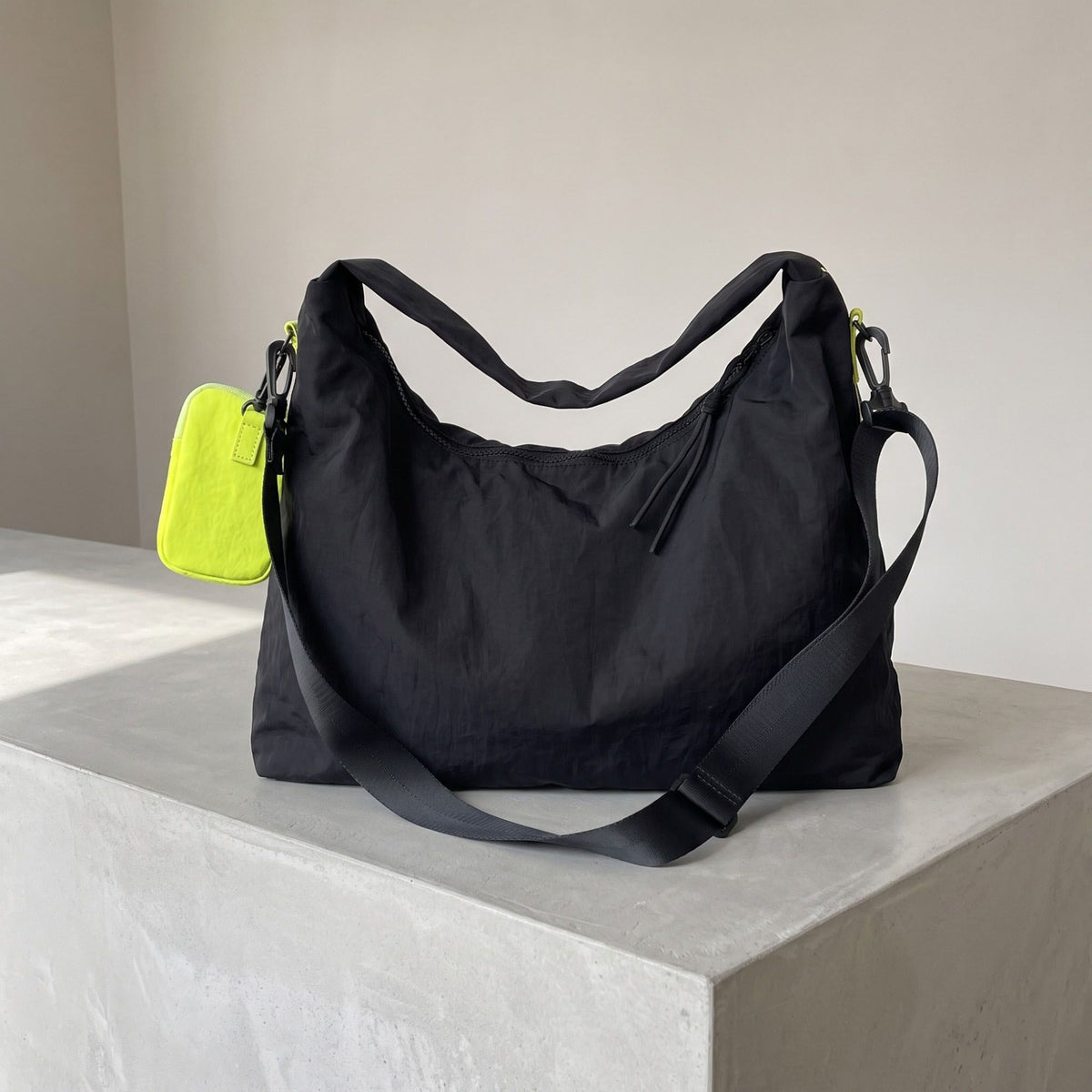 Large Nylon Hobo Shoulder Bag with Adjustable Crossbody Strap and Side Zip Pocket