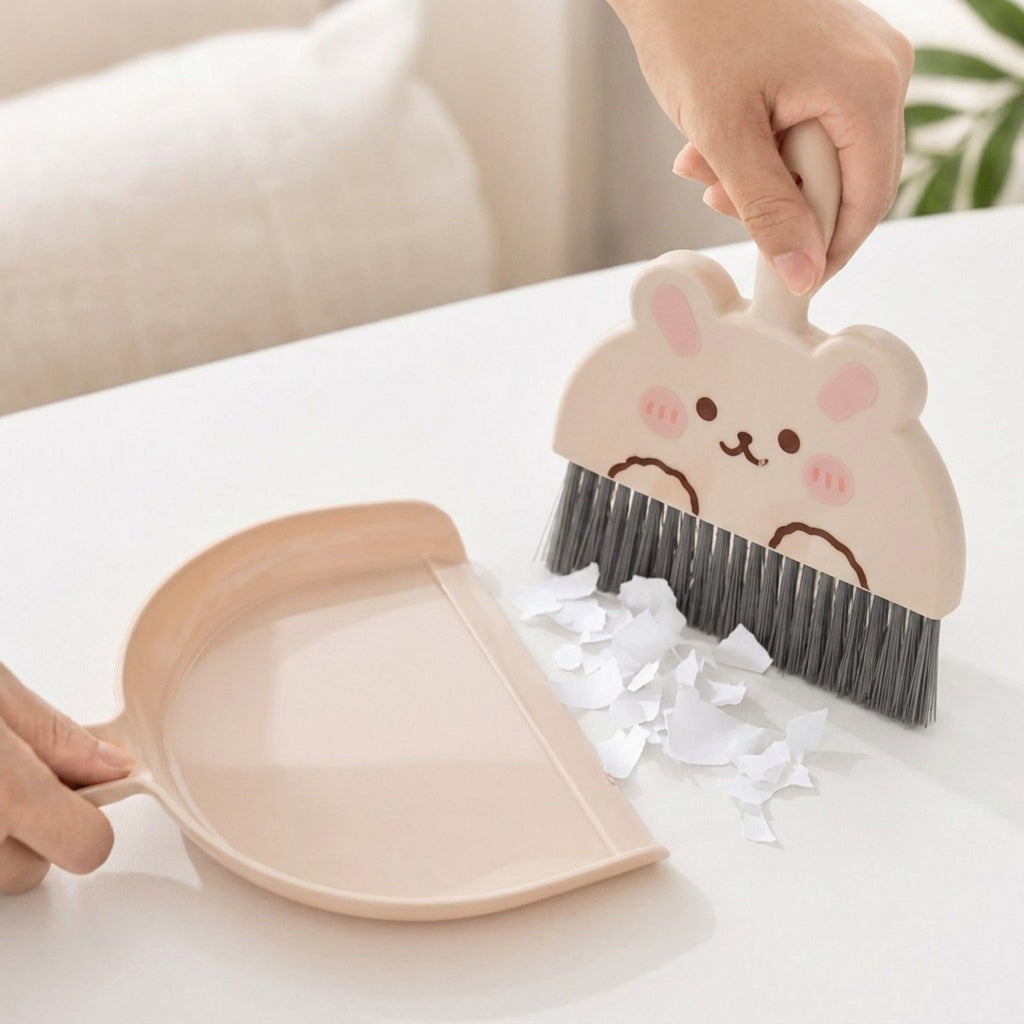 2-Piece Mini Dustpan and Brush Set with Animal Face Design for Tabletop Cleaning