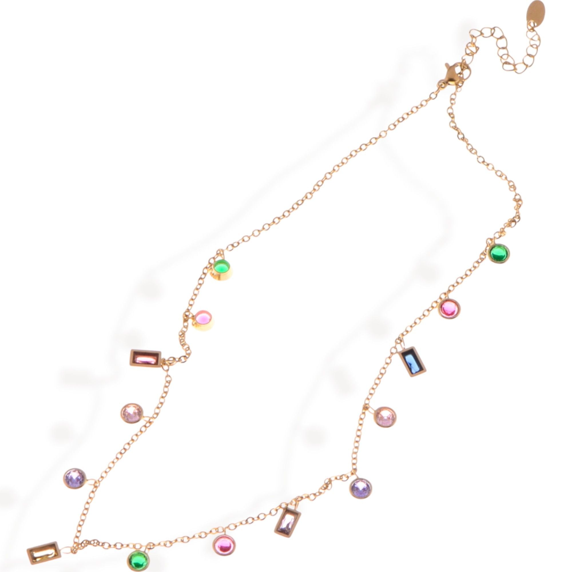 Women's Multi-Colored Gemstone Pendant Fashion Necklace on Gold Tone Chain