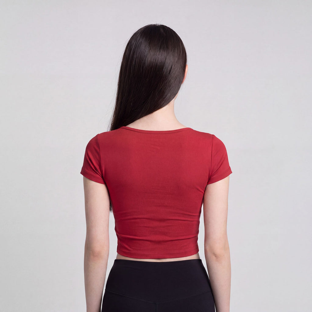 Short Sleeve Cropped Yoga Top with Built In Padding Scoop Neck Contoured Seam Activewear T Shirt