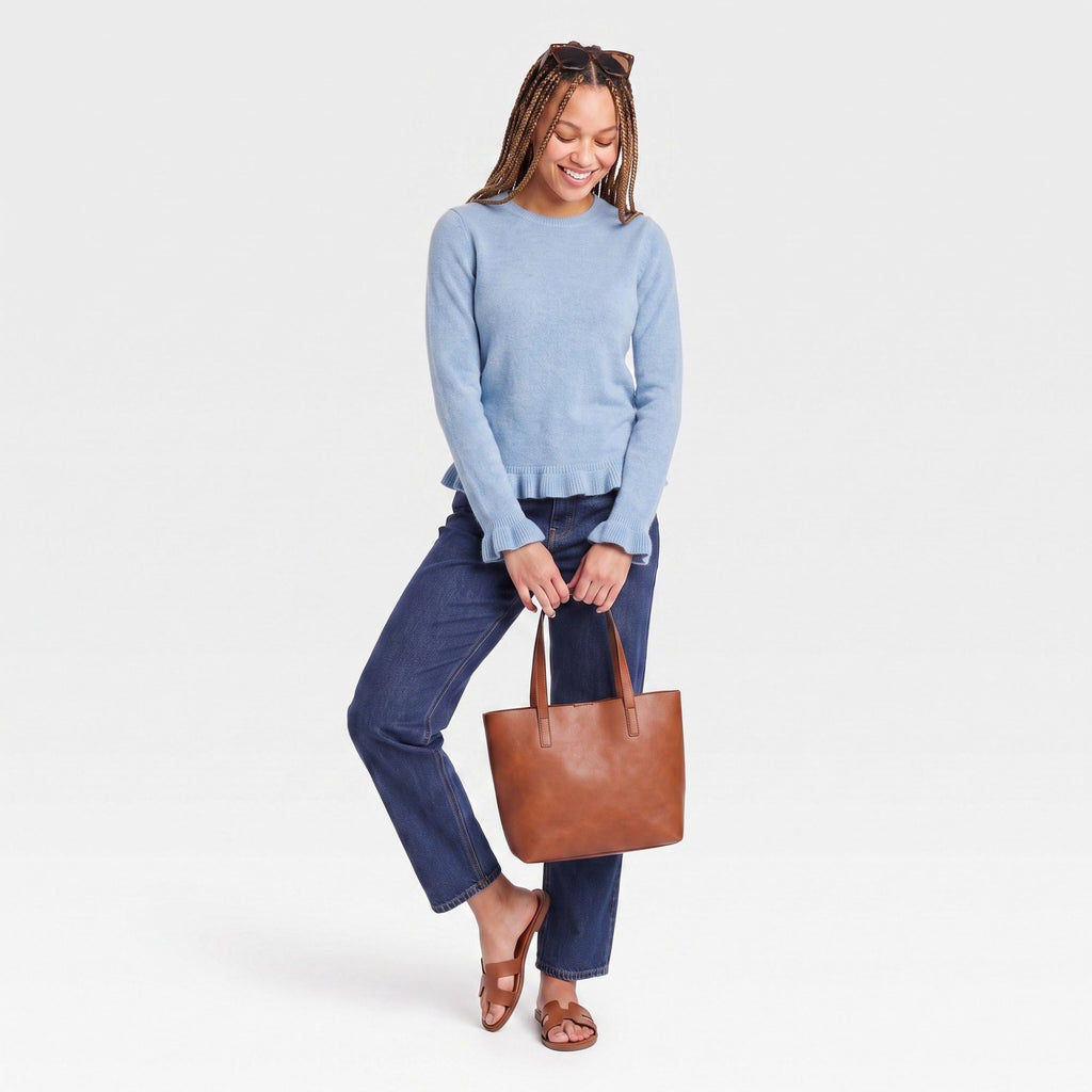 Ruffle Hem Crew Neck Long Sleeve Knit Sweater
