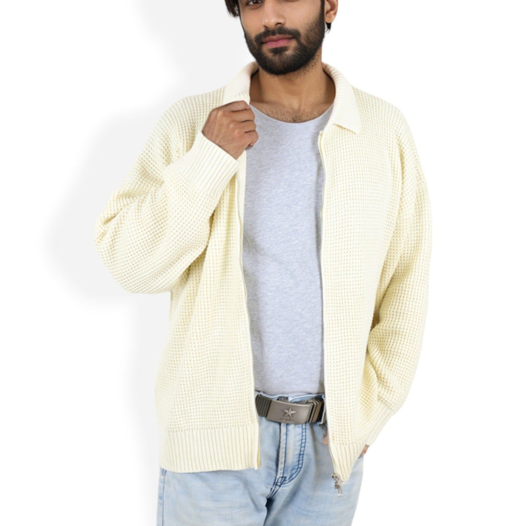 Anna-Kaci Men's Waffle Knit Zip-Up Cardigan with Classic Collar and Relaxed Fit