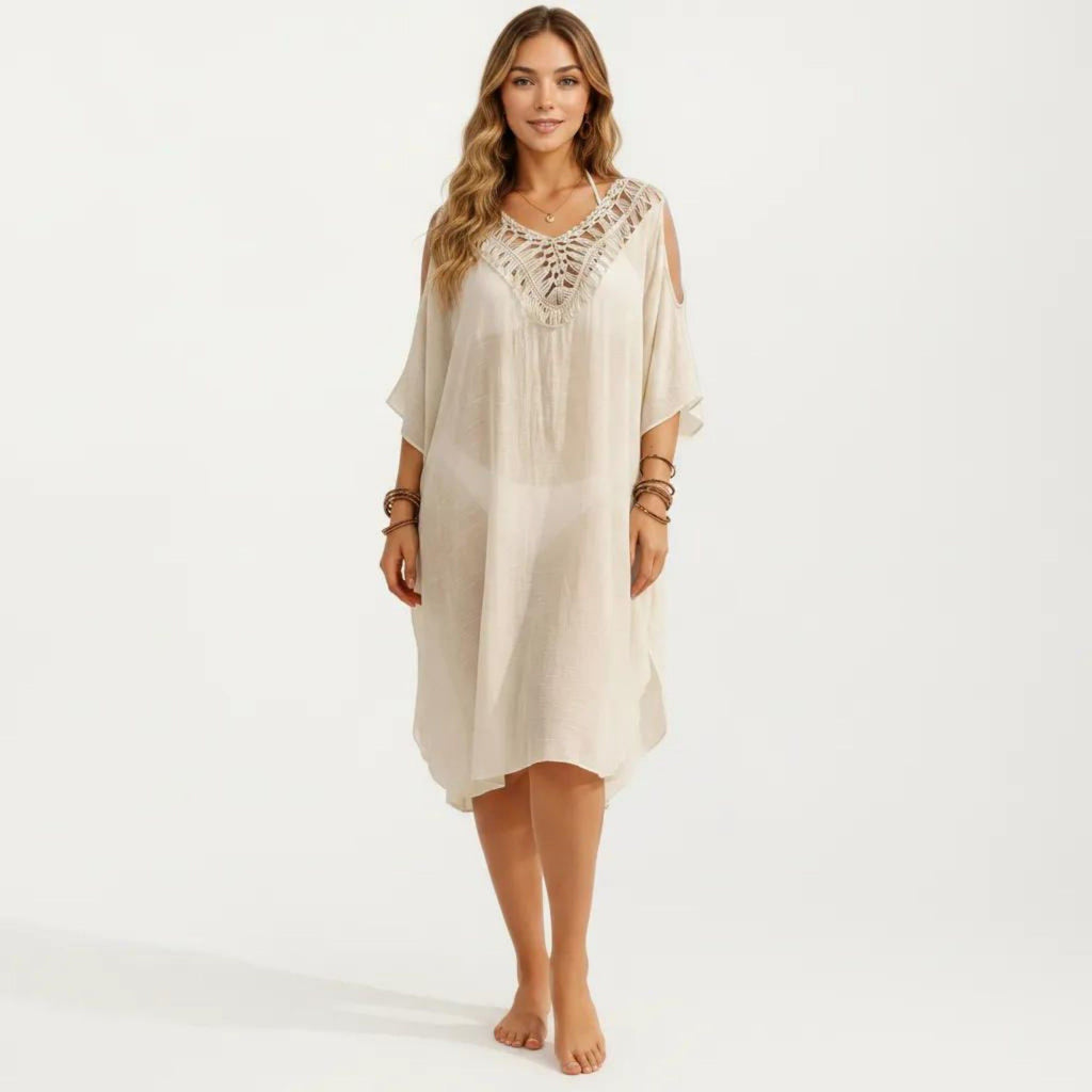 Anna-Kaci Women's Crochet V Neck Swim Cover Up Dress with Cold Shoulder Sleeves and Relaxed Fit
