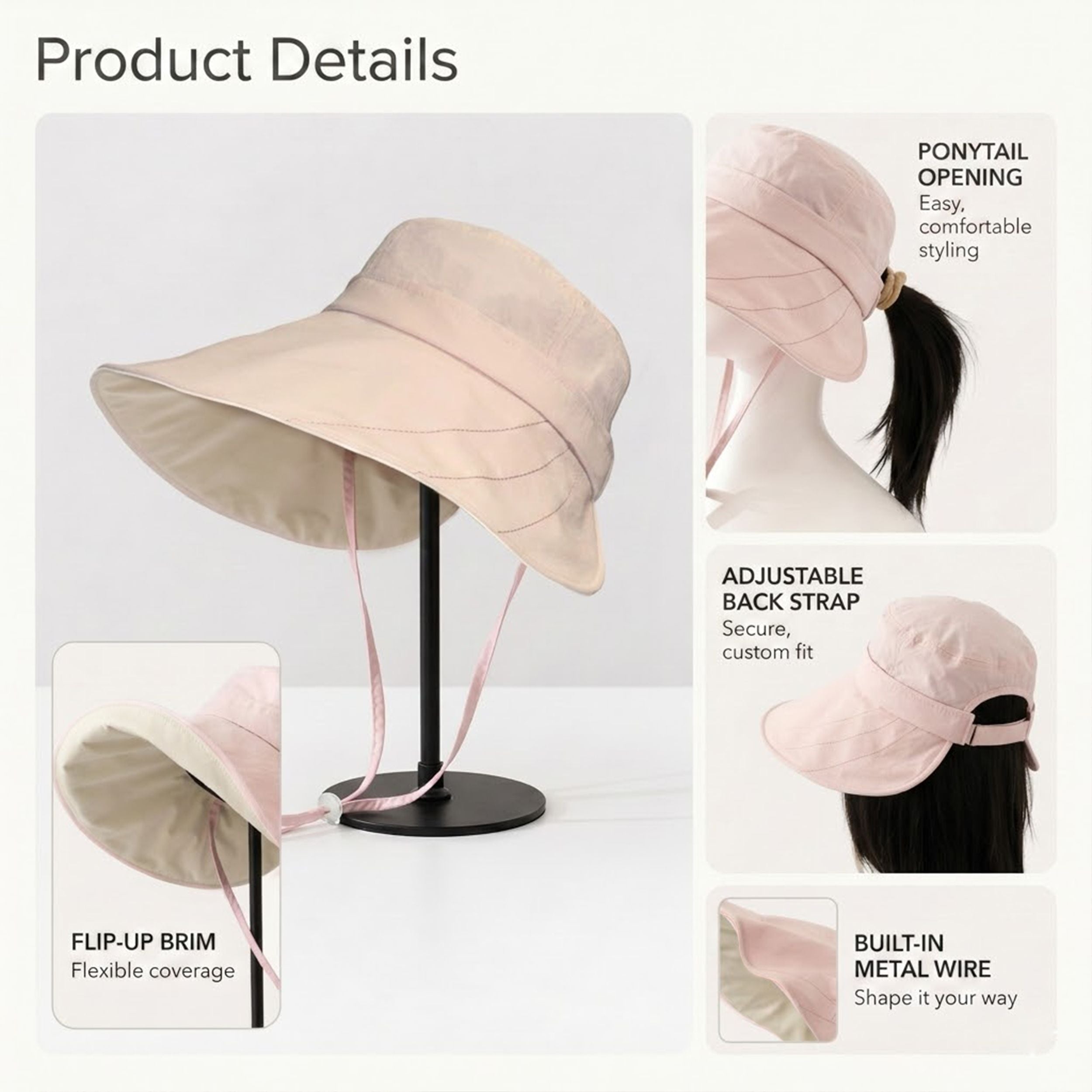 Wide Brim Bucket Sun Hat Adjustable Chin Strap UV Protection Packable Outdoor