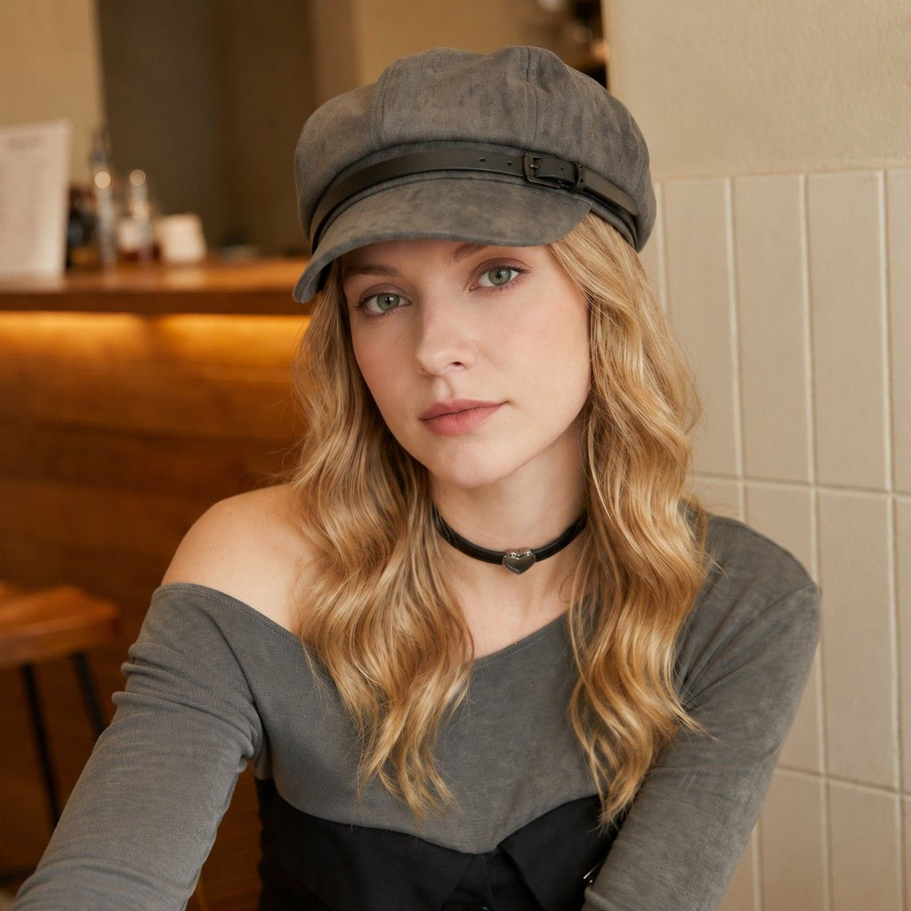 Faux Suede Newsboy Cap Vintage Baker Boy Hat With Buckle Band