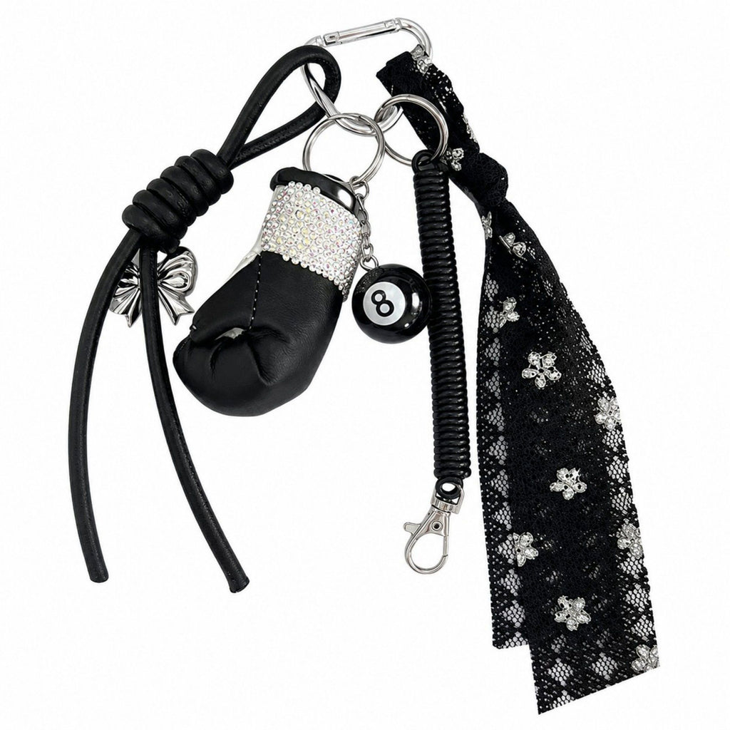 Boxing Glove Keychain Bag Charm with 8 Ball Accent Lace Ribbon and Clip