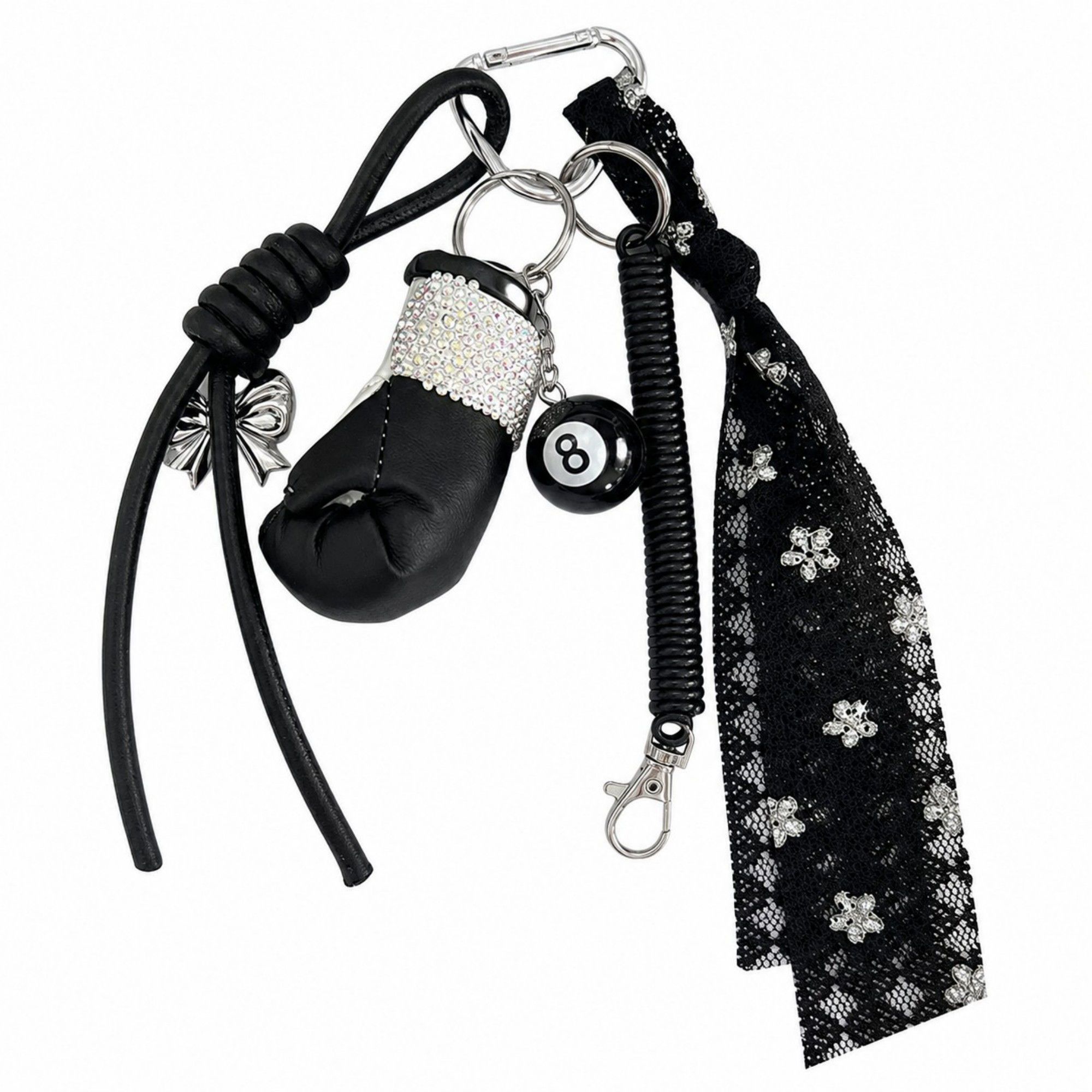 Boxing Glove Keychain Bag Charm with 8 Ball Accent Lace Ribbon and Clip