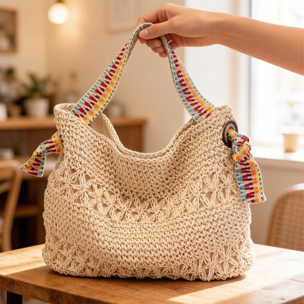 Crochet Shoulder Bag with Woven Strap Textured Knit Hobo Handbag Slouchy Boho Tote Lightweight Everyday Carryall
