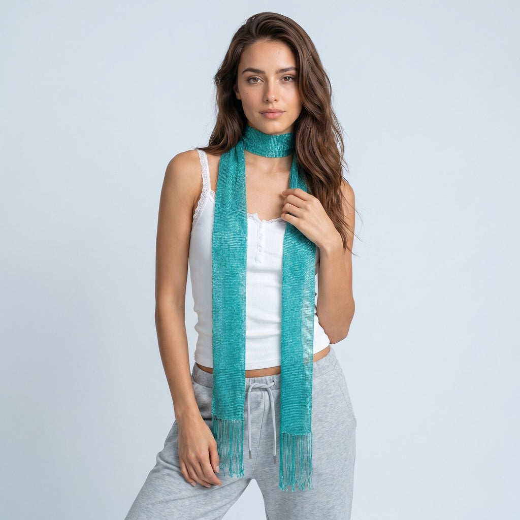 Lightweight Skinny Scarf with Metallic Sheen Fringe Trim and Long Neck Tie Design