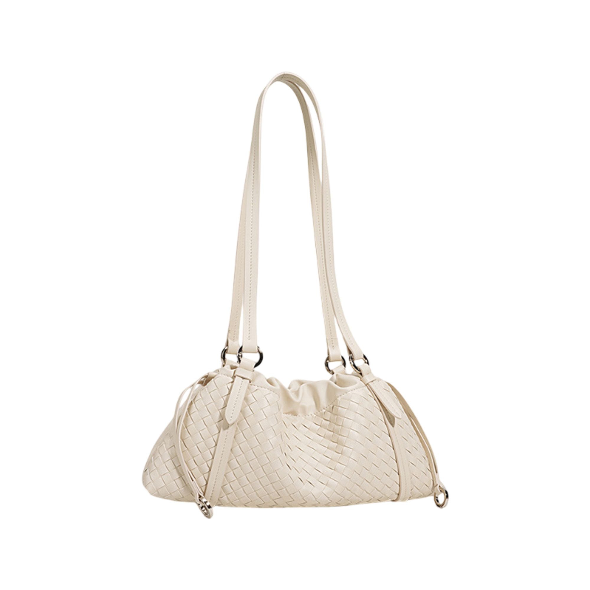 Woven Leather Shoulder Satchel with Ruched Top Detail Long Straps and Slouchy Shape