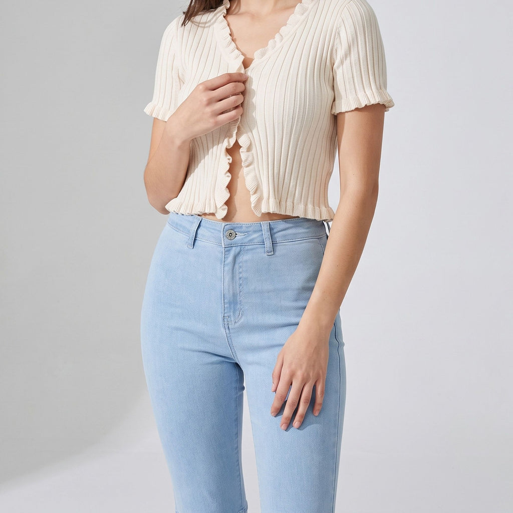 High Rise Flare Pants Button Front Stretch Wide Leg Hem Pants