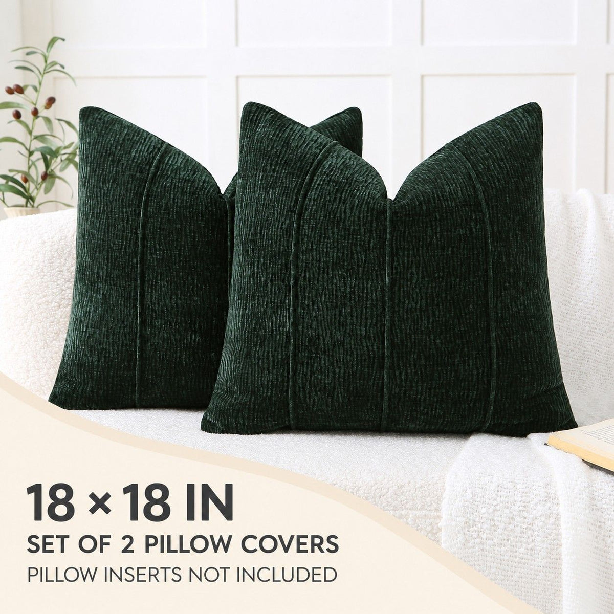 2 Pack Solid Textured Throw Pillow Covers 18 x 18 Inch with Hidden Zipper