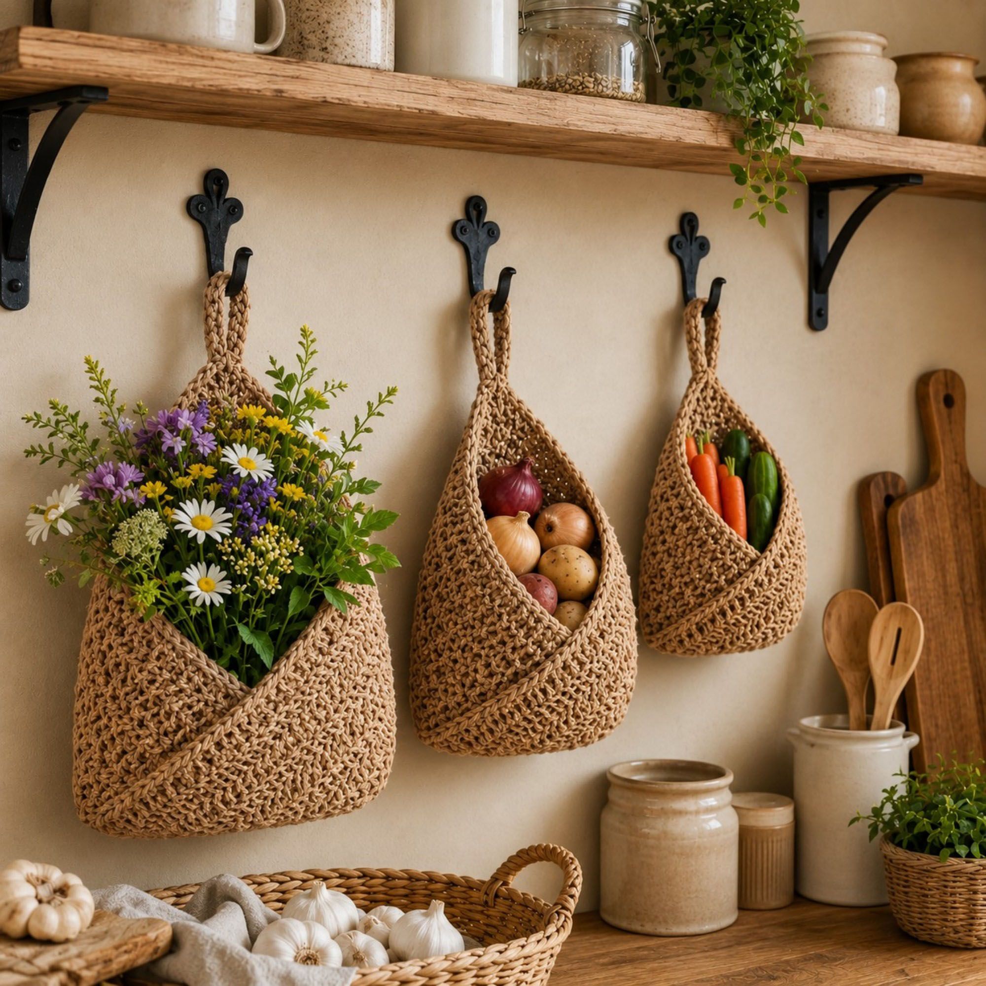 Woven Cotton Rope Hanging Basket Set Wall Storage Organizer with Hooks