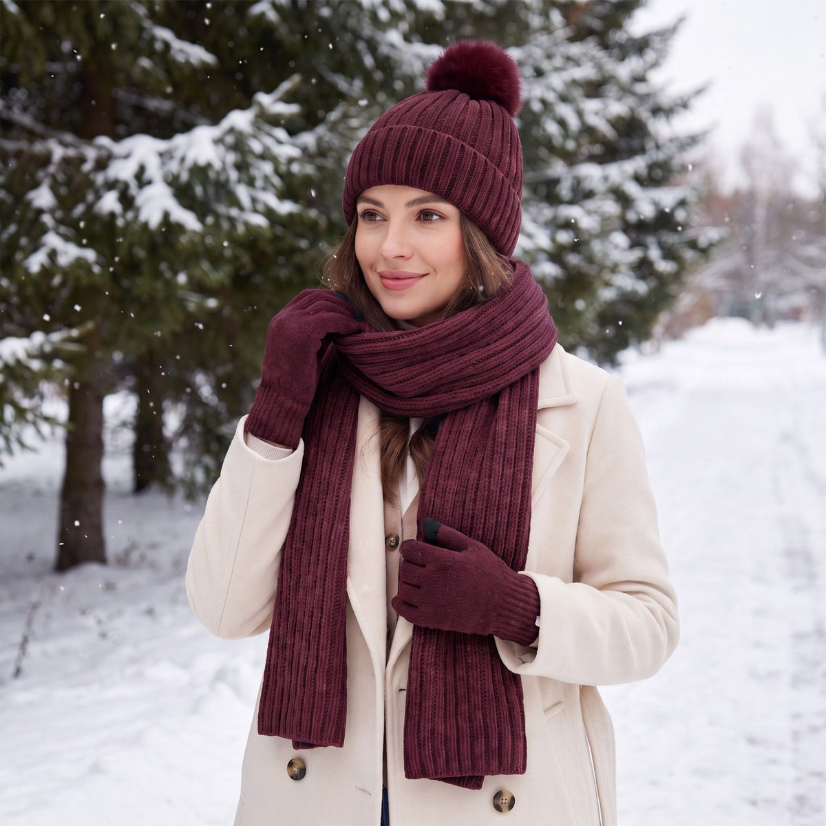 3 Piece Pom Beanie Scarf and Touchscreen Gloves Winter Set
