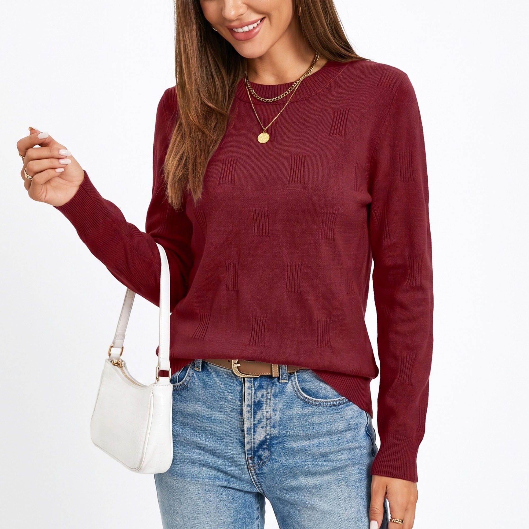 Textured Geometric Crew Neck Long Sleeve Knit Sweater