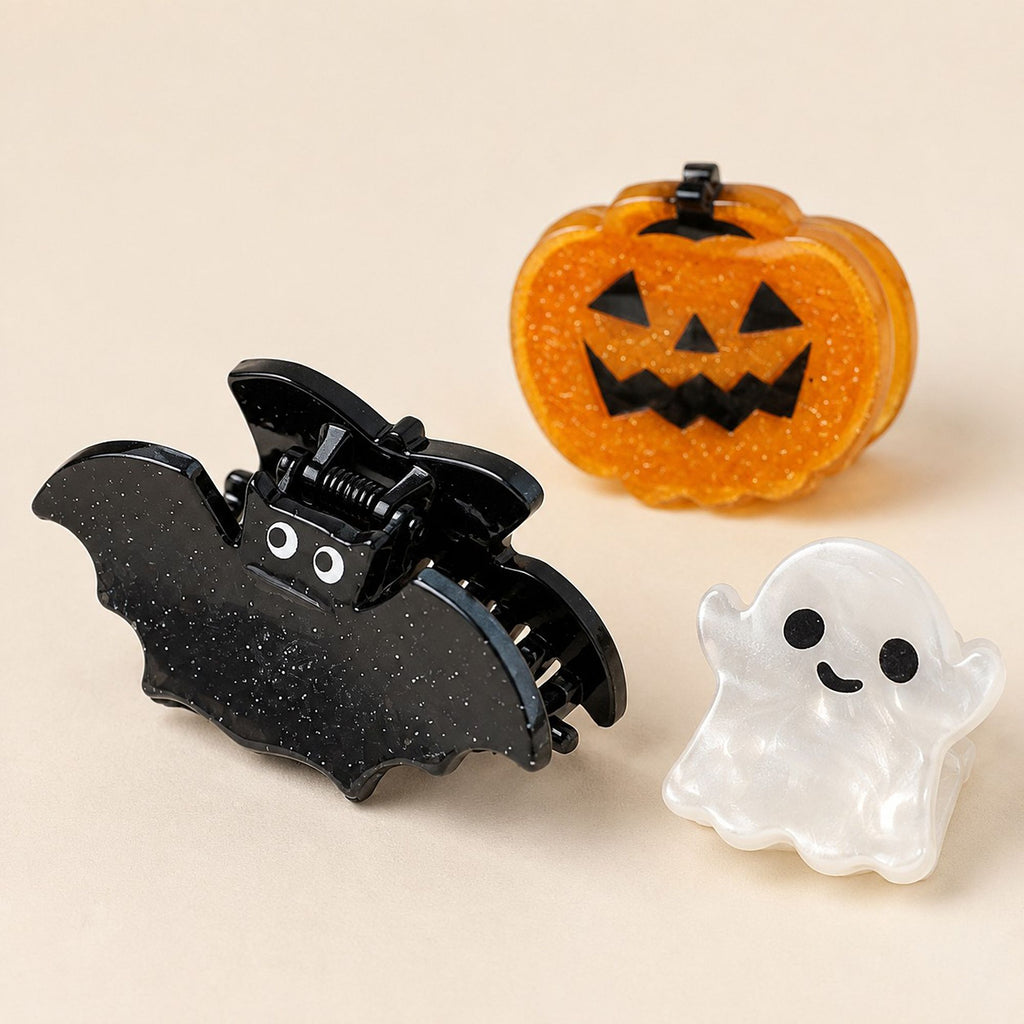 6pc Halloween Hair Clip Set with Pumpkin Ghost Bat and Spider Designs