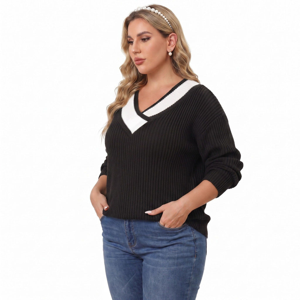 Plus Size Contrast Collar V-Neck Ribbed Sweater
