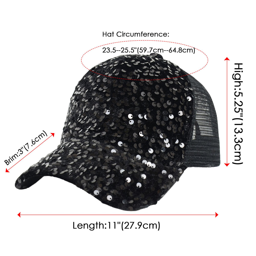 Anna-Kaci Women's Sparkly Sequin Baseball Cap Messy Low Bun Ponycap Velvet Mesh Trucker Hat