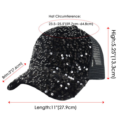 Anna-Kaci Women's Sparkly Sequin Baseball Cap Messy Low Bun Ponycap Velvet Mesh Trucker Hat